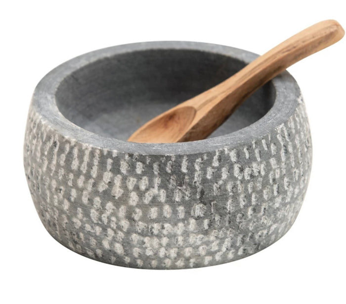 Granite Bowl with Carved Wood Spoon || Set of 2
