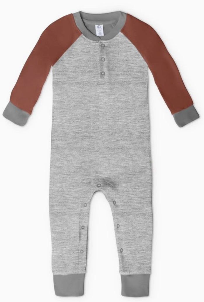 Organic Cotton Brix Henley Romper || Heather Grey + Cedar