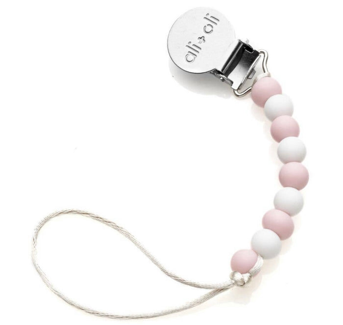 Soft Wood Pacifier Clip || Pink + White