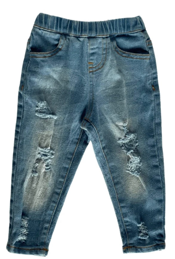 Distressed Straight Legged Denim Jean || Light Wash