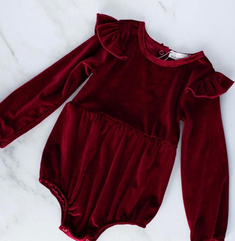 Velour Ruffle Romper || Red