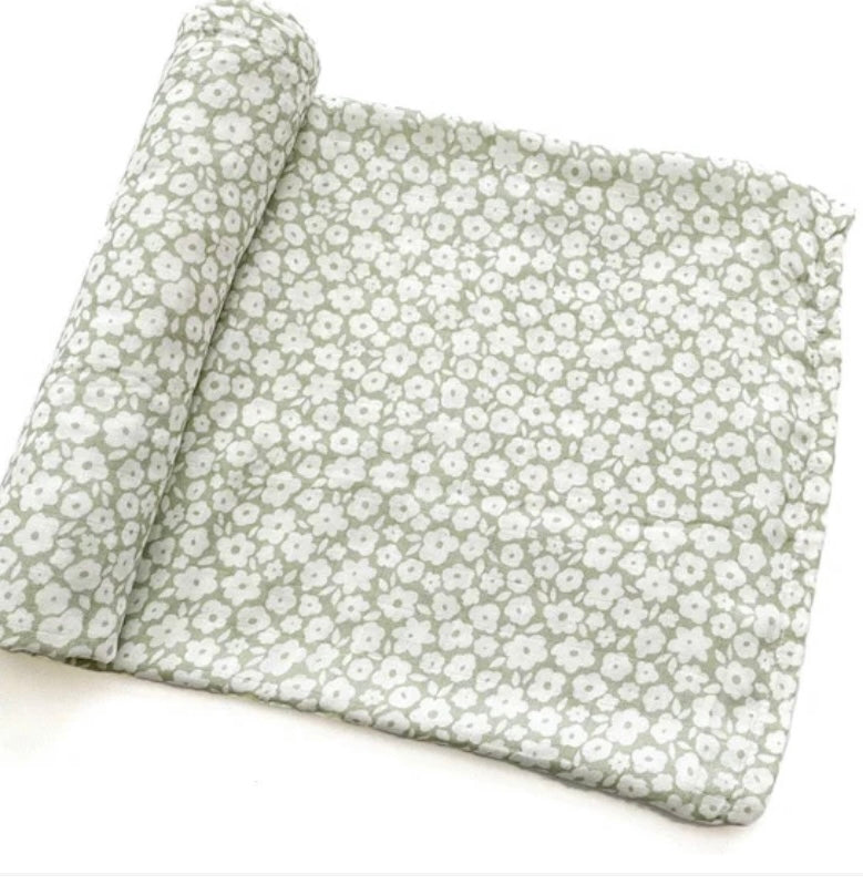 Bamboo Cotton Muslin Swaddle Blanket || Sage Floral